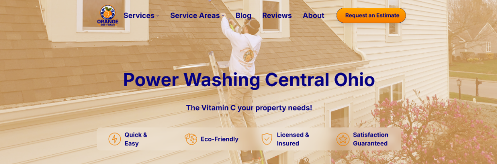 Orange Soft Wash custom website build hero section featuring service navigation, estimate CTA button, and trust badges